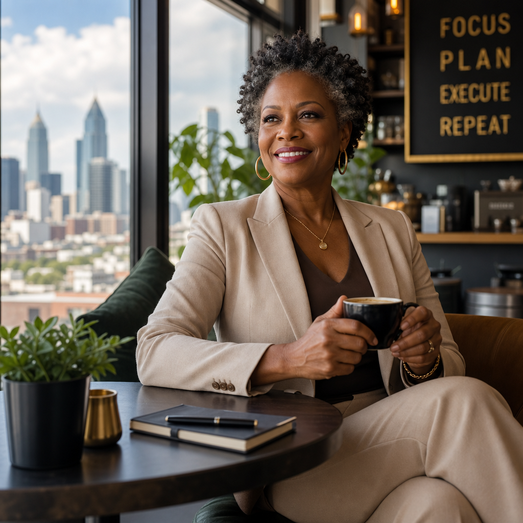 Confident professional woman enjoying coffee in a modern city office